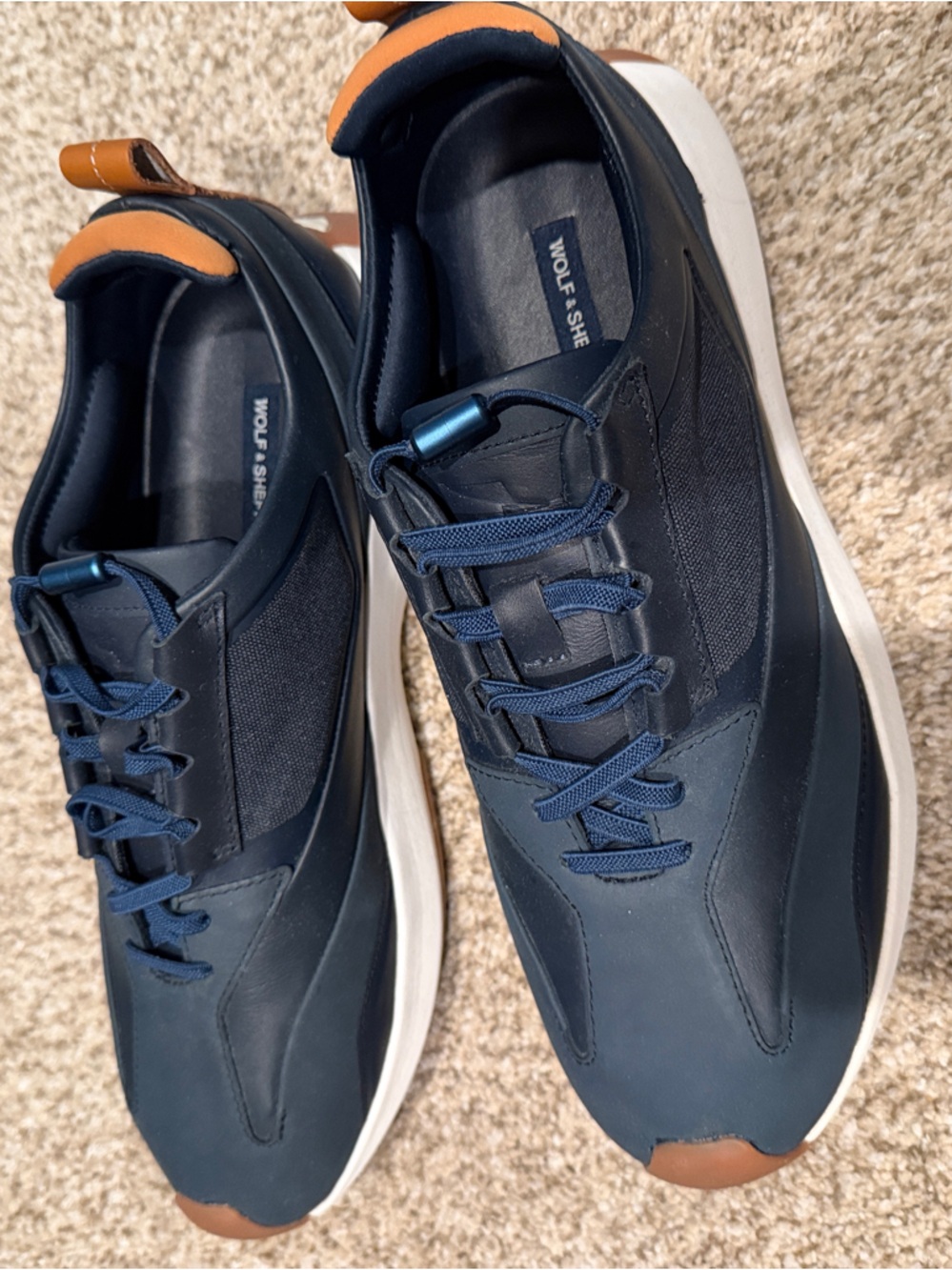 Men's Navy Blue Wolf & Shepherd Dress Shoes, Size 10.5, like new, stretchy laces